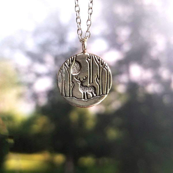 Deer In Forest Charm and Chain - Sterling Silver