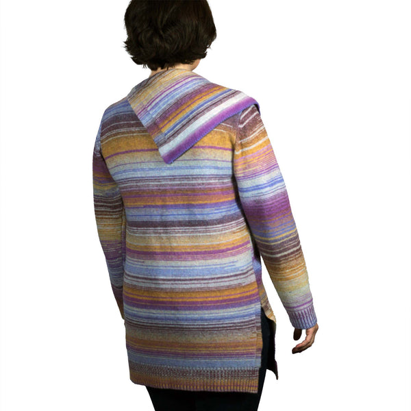 back of soft sweater tunic purple blue gold