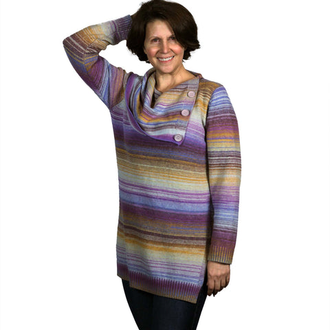 soft sweater tunic in shades of purple and gold